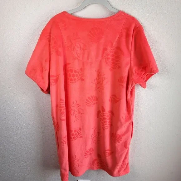 Womens ADONNA Terry cloth Zip Cover Up Robe L Coral Turtle Shells Print Pockets - Picture 2 of 13